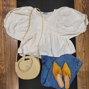 Zara Puff Sleeeve Cotton Blouse with embroidery